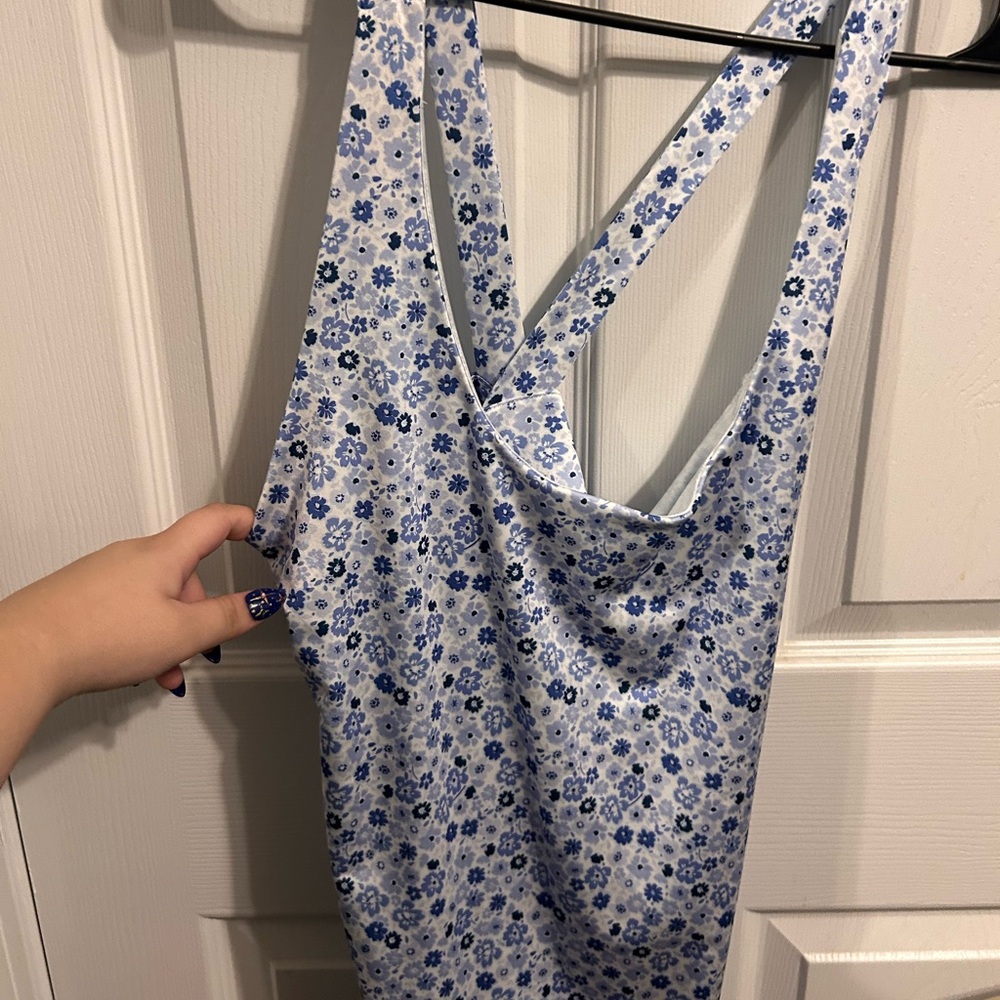 White with blue flowers, dress shorts, underneath